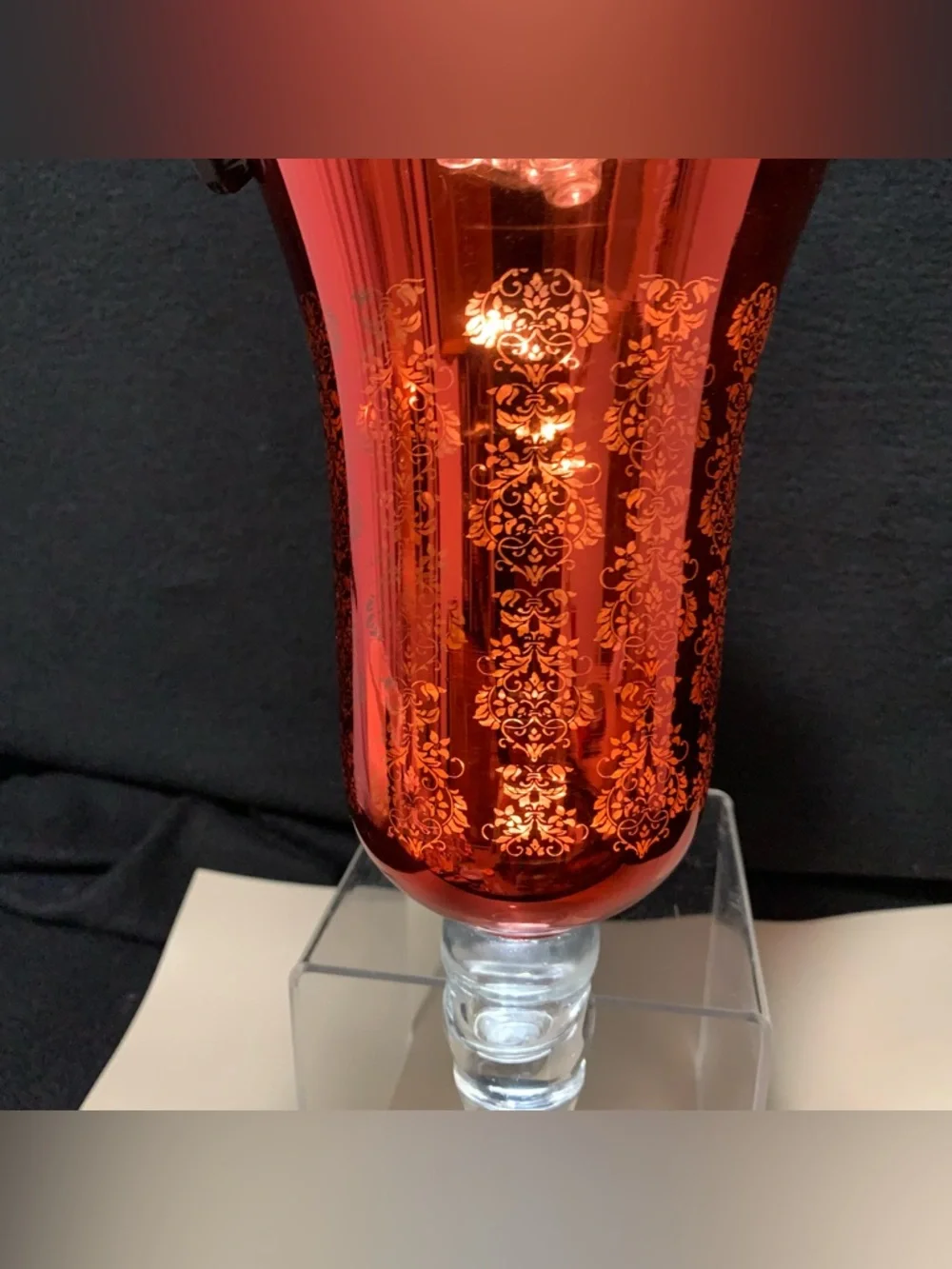 🔍 ❤️ Ruby Red Glass Goblet Votive Candle Holder with Ornate Gold Floral Pattern